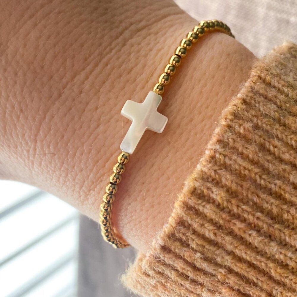 Waterproof Cross Bracelet Pearl Cross Gold Non-tarnish Beaded Stretch Bracelet